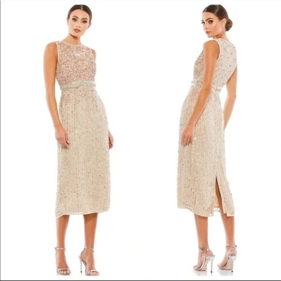 Mac Duggal 10509 Beaded Sequin Banded Sheath Midi Dress Nude Size 4 worn 1 time - Picture 1 of 11